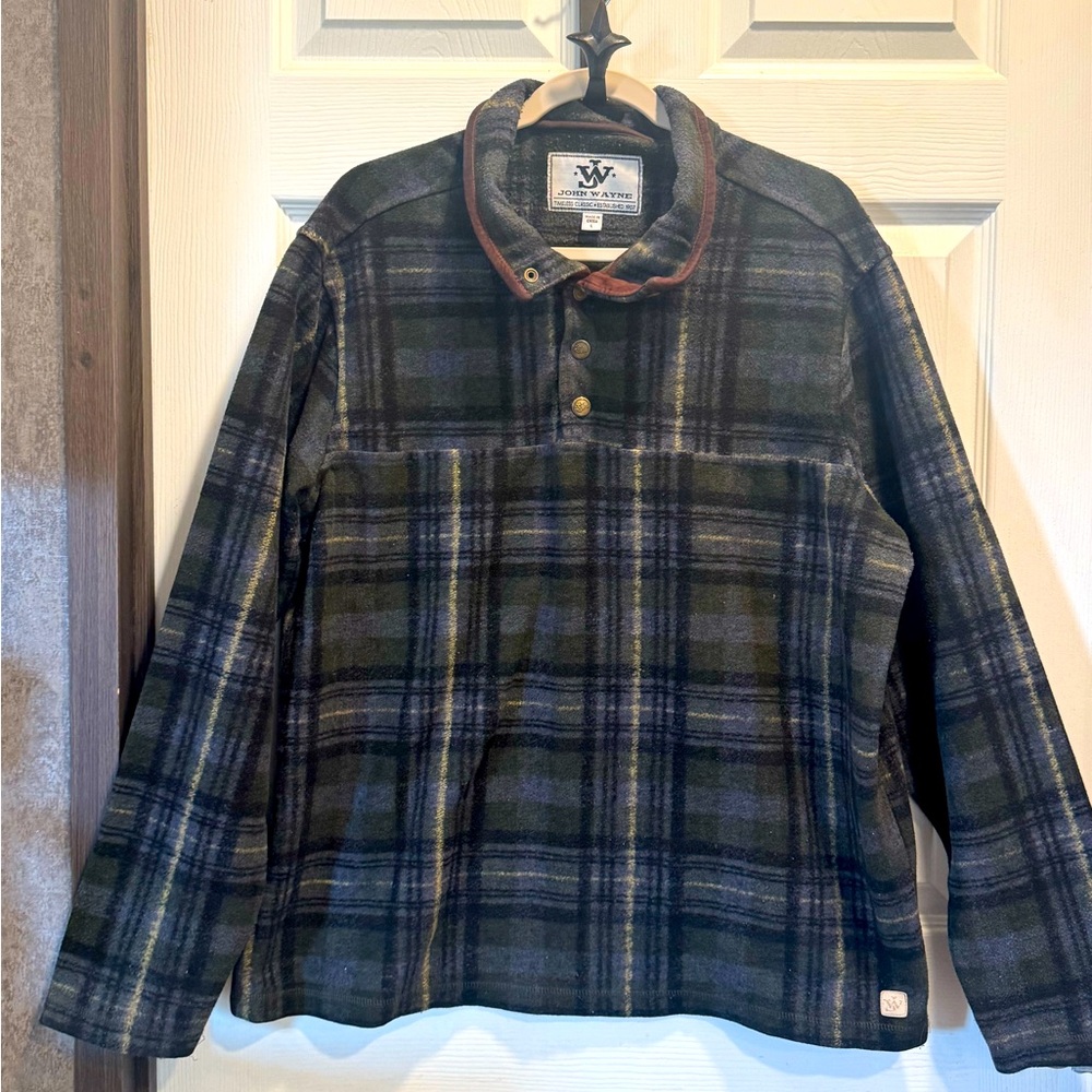 Vintage John Wayne Pullover Green Plaid Flannel Wooly Fleece Jacket Size L
